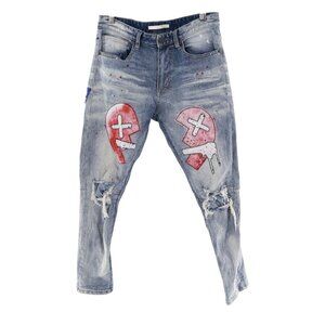 KLoud9 Skinny Ripped Broken Heart Jeans Men's 32/30 Blue Streetwear Alt Grunge